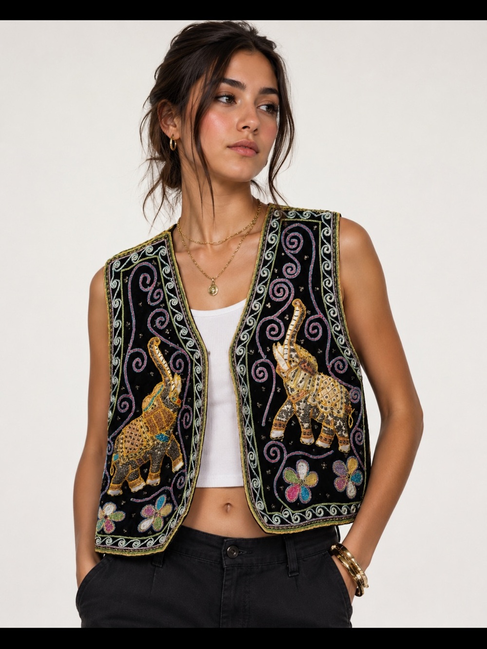 Embroidered Elephant Velvet Vest - Black